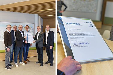 Das Team der GVG Rhein-Erft freut sich über die  Übergabe des TSM-Zertifikats durch Heinz Esser  vom DVGW (2. von rechts)