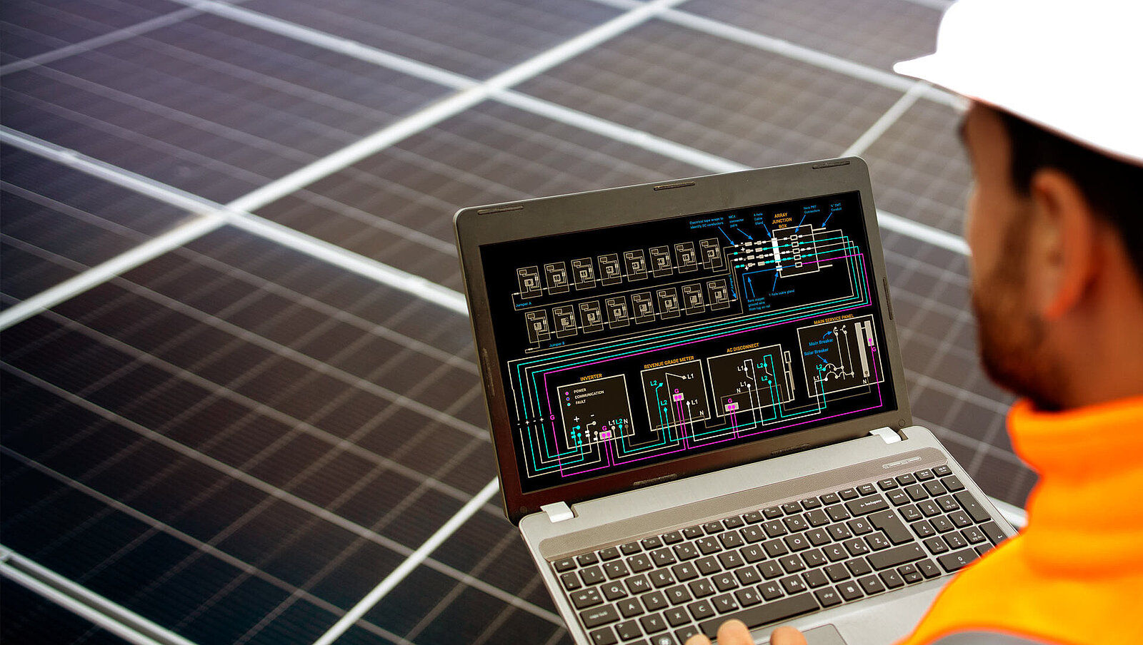 Person in orangefarbener Sicherheitsjacke und weißem Helm, die einen Laptop mit technischen Diagrammen benutzt und neben Solarzellen steht.