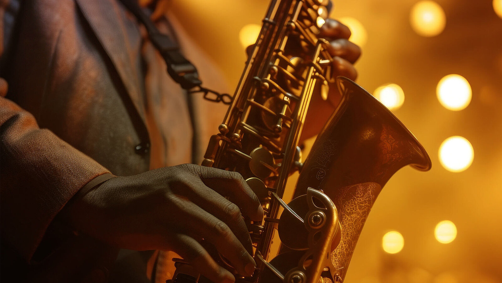 Close-Up eines Saxophones bei Abendlicht.